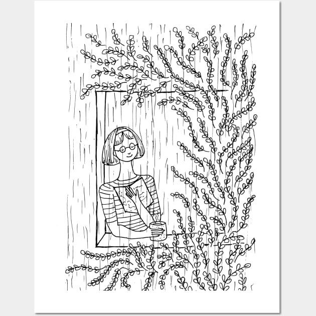 GIRL NEAR WINDOW TREE WITH A BOOK AND COFFEE ENJOYING RAIN Wall Art by HAVE SOME FUN